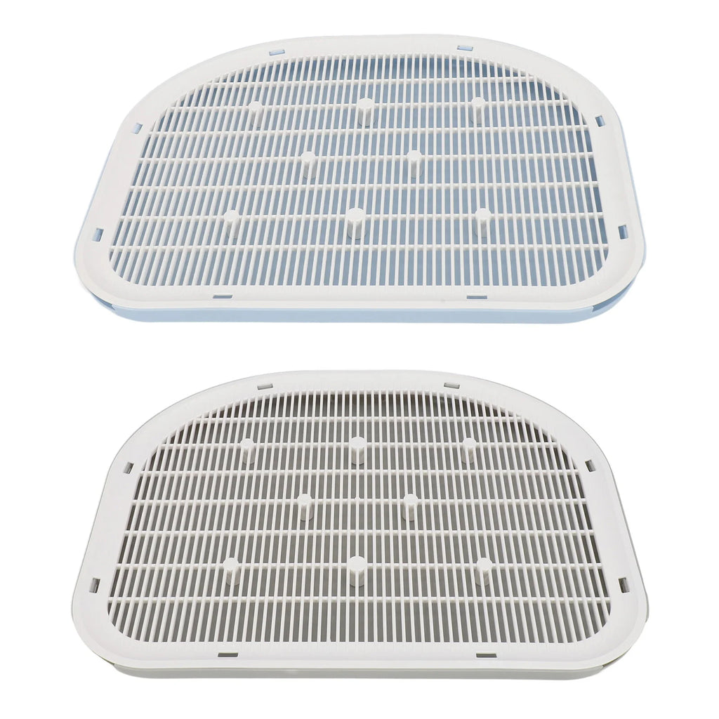 Waterproof anti-slip cat litter mat, light gray, two views showing grid and corner grips