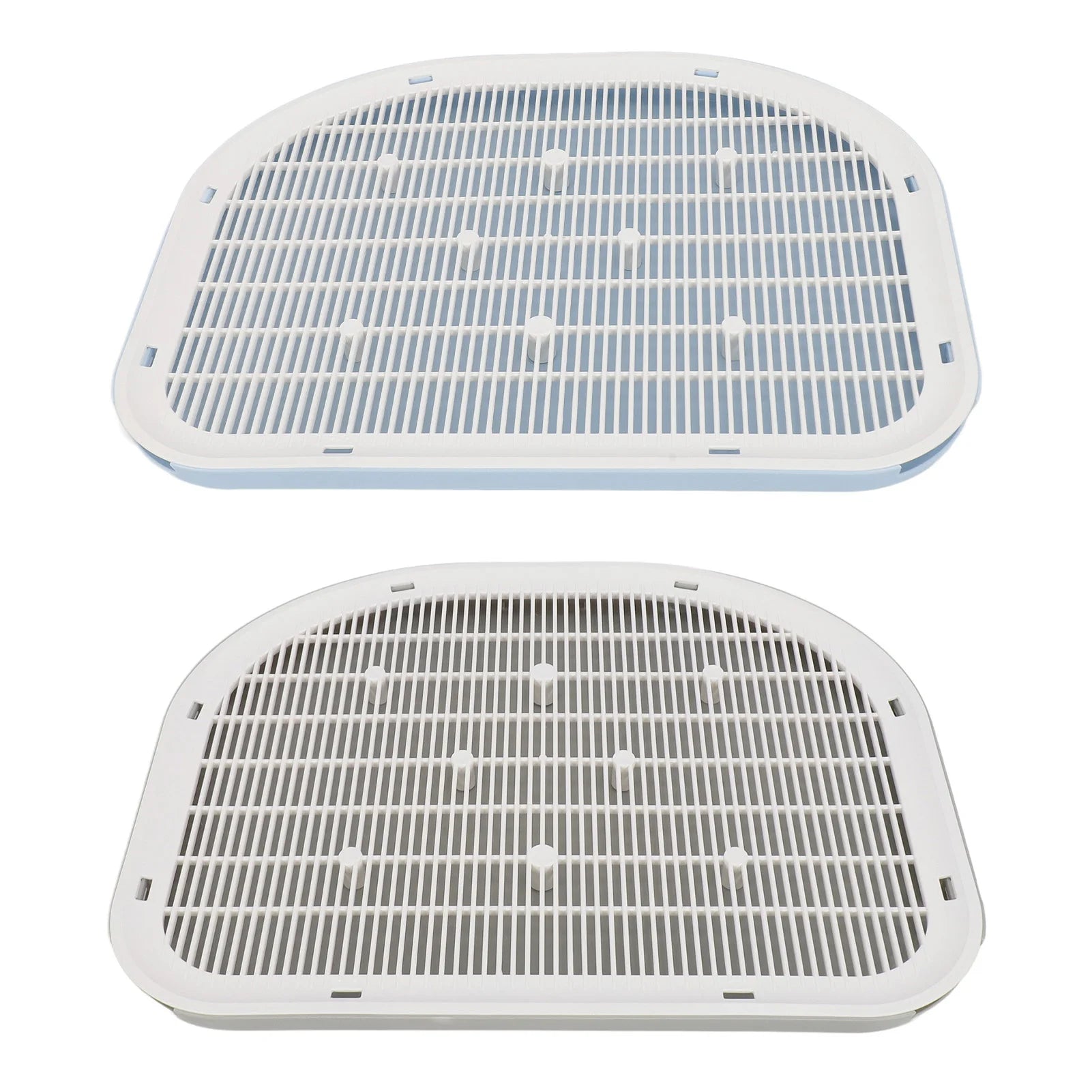 Waterproof anti-slip cat litter mat, light gray, two views showing grid and corner grips