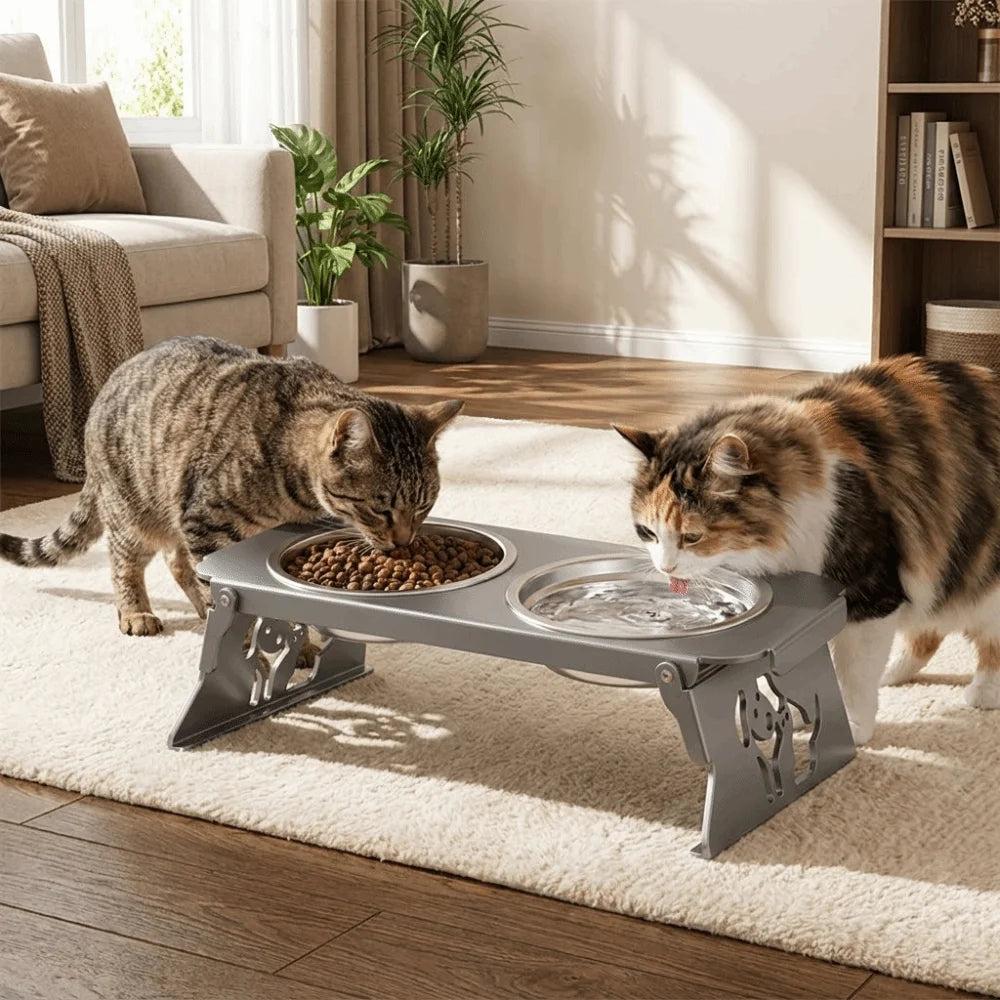 Foldable Raised Double Dog Bowl Elevated Anti-Flip Feeder