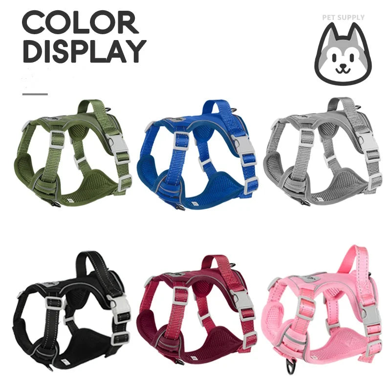 Dog harness vest and leash set shown in multiple colors: green, blue, gray, black