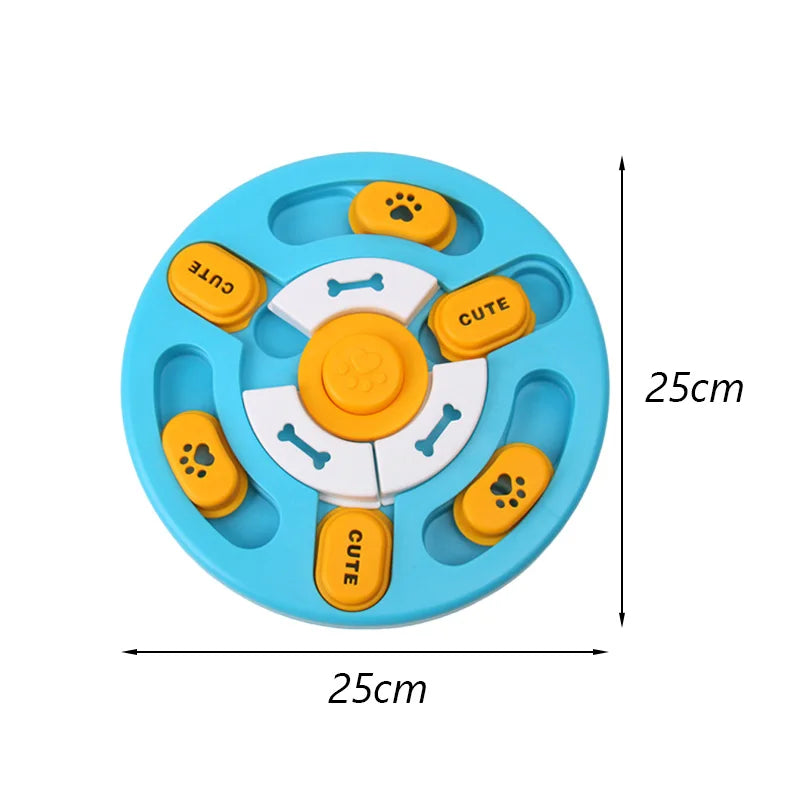 Blue round cat scratching board toy with paw and bone cutouts