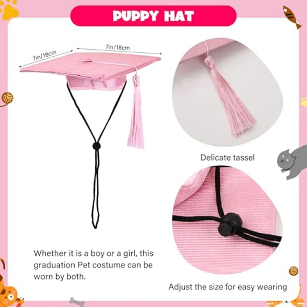 Pink puppy graduation cap and tassel with adjustable black neck cord