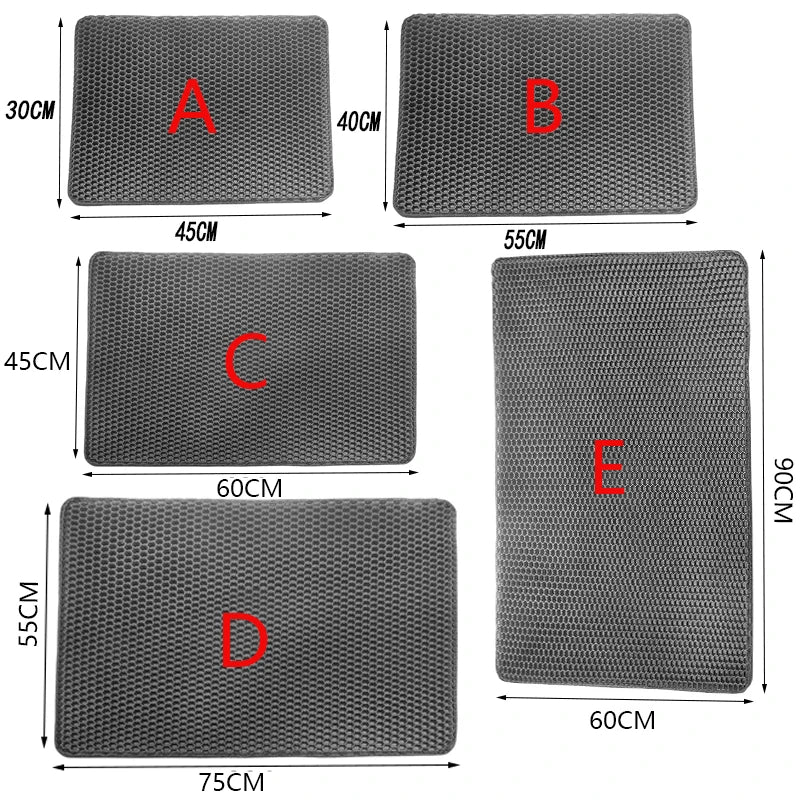 Rectangular waterproof cat litter mat size chart with six shape outlines on a grid