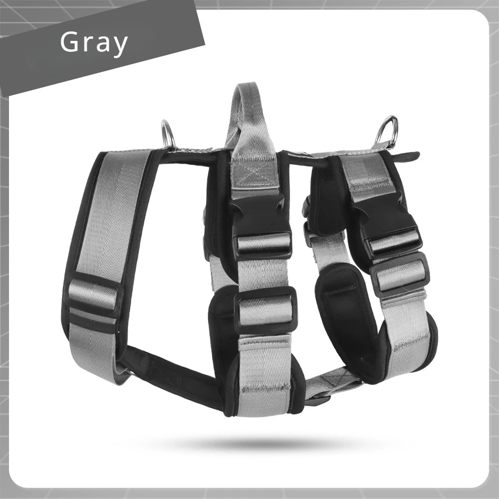 Reflective no-pull dog harness vest in gray with front chest panel and straps