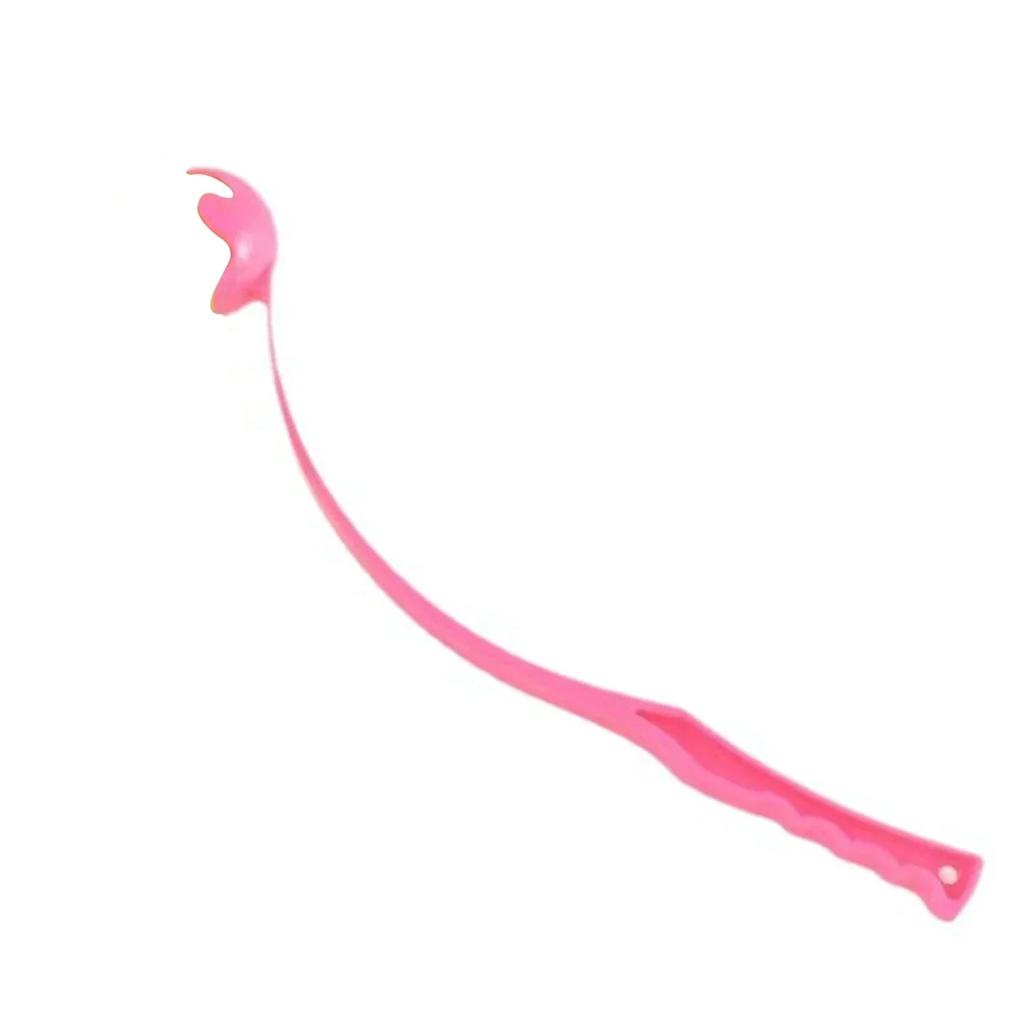 Pink outdoor tennis ball launcher rod with ball, curved throwing shaft
