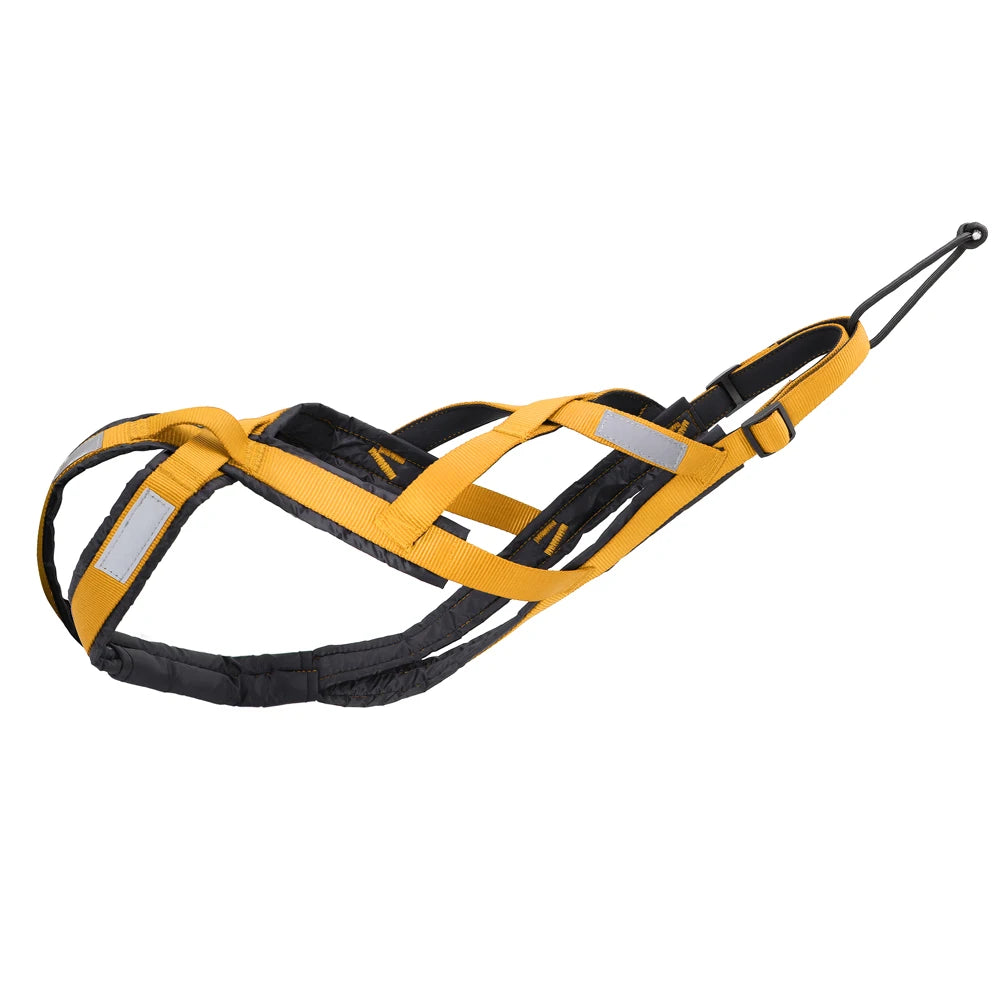 Yellow and black padded dog harness with leash, reflective stripes and cross-strap vest