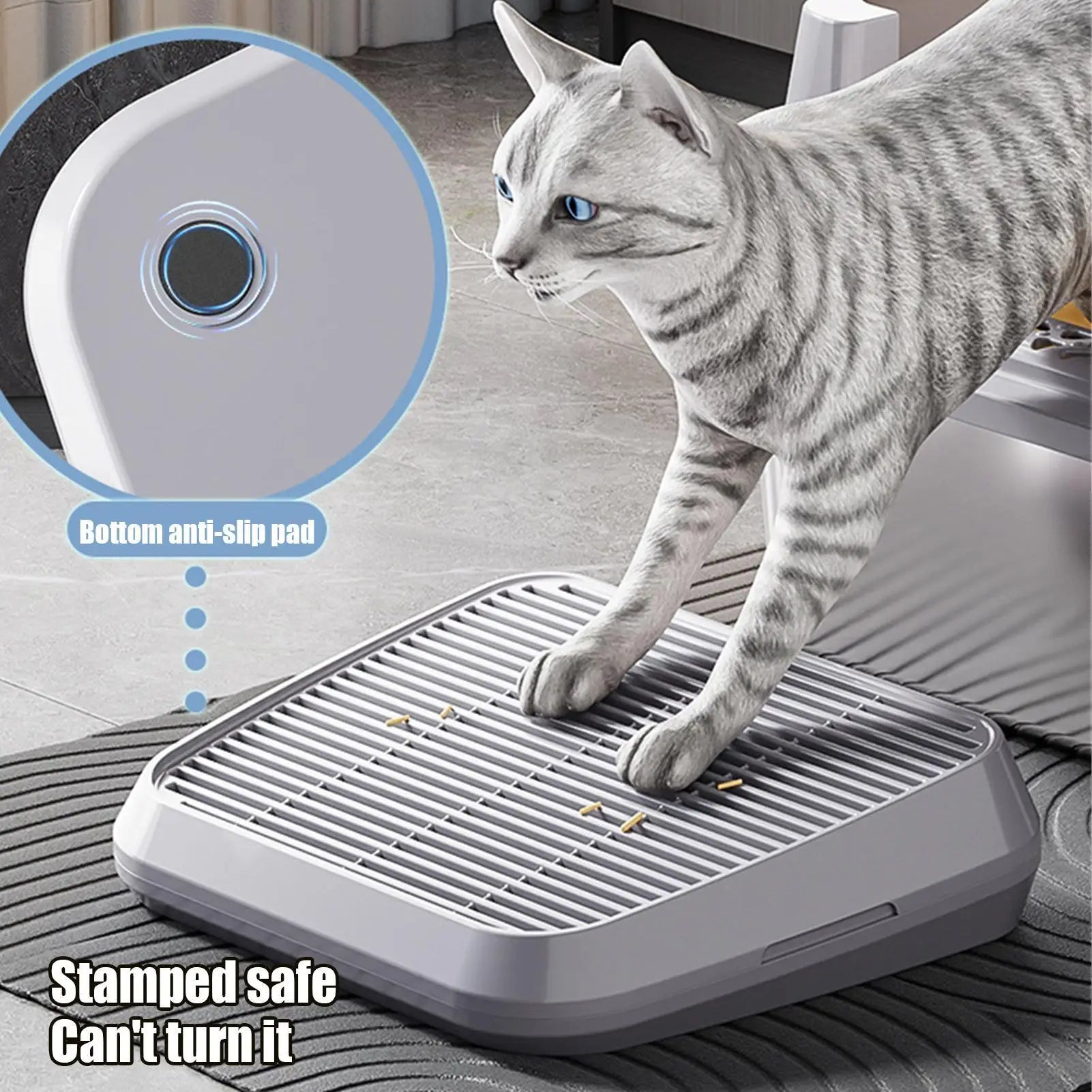 Cat litter ramp mat with raised tray insert and ribbed anti-slip surface, light gray