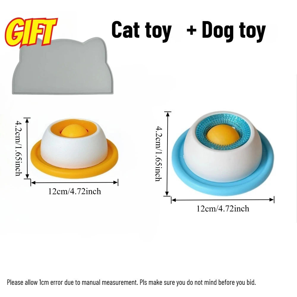 Slow feeder licking bowls size diagram: blue-base and yellow-base bowls shown
