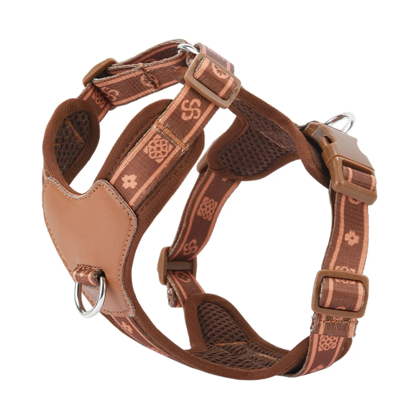 Brown dog harness with adjustable straps, padded sections, and metal D-ring
