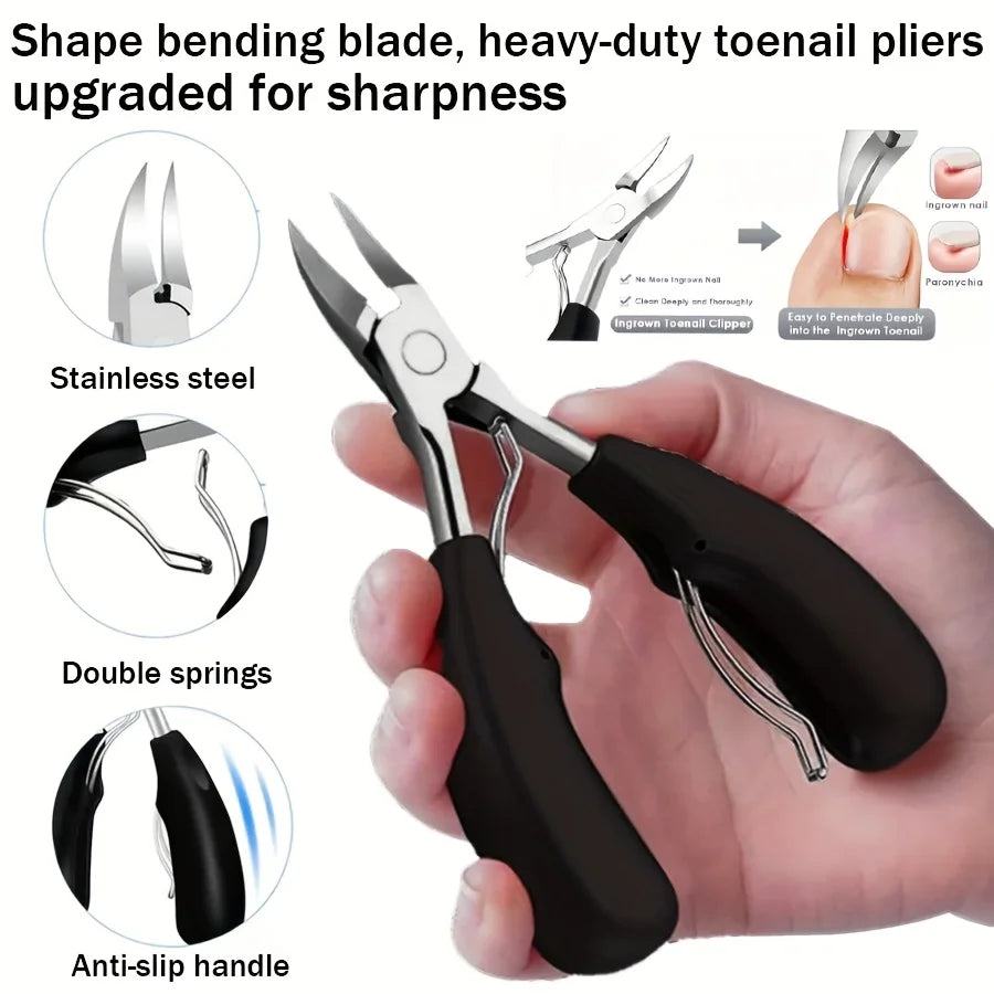 Heavy-duty toenail nipper with stainless steel blades, double springs, and anti-slip black handle