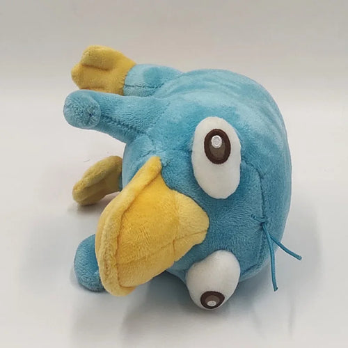 Light blue plush platypus toy with round eyes, yellow beak, and curled feet