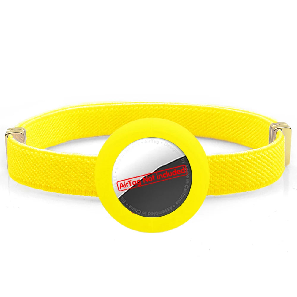 Yellow cat collar with AirTag holder, safety breakaway clasp and gold hardware.