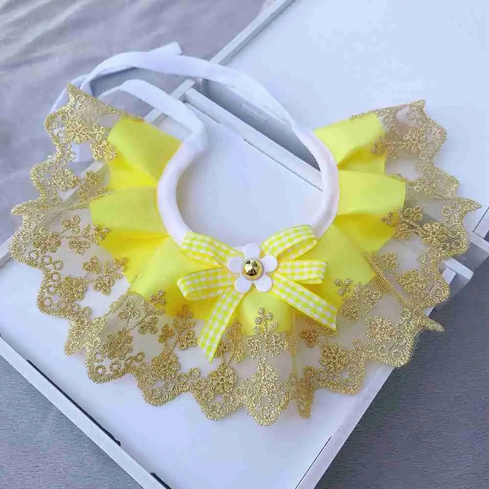 Yellow lace mesh pet scarf collar with light yellow bow and flower center