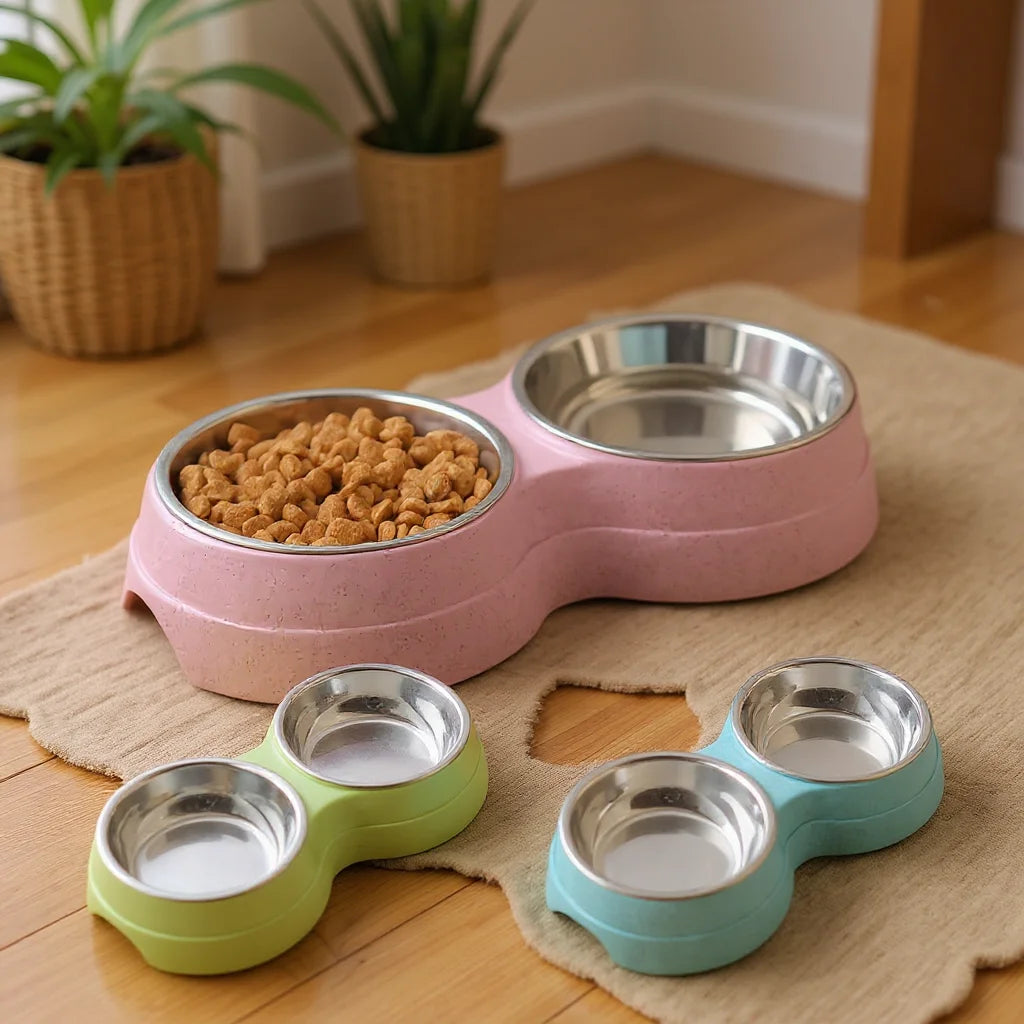 Dual Stainless Steel Double Pet Bowl with Non-Skid Base
