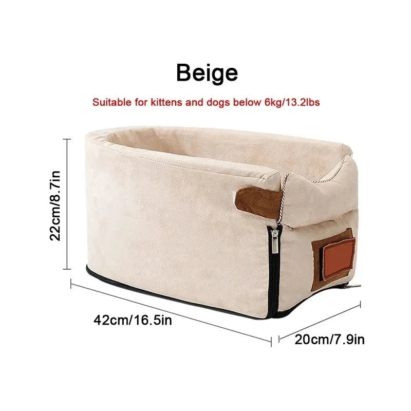 Beige portable soft dog car seat travel carrier bag with front zipper pocket