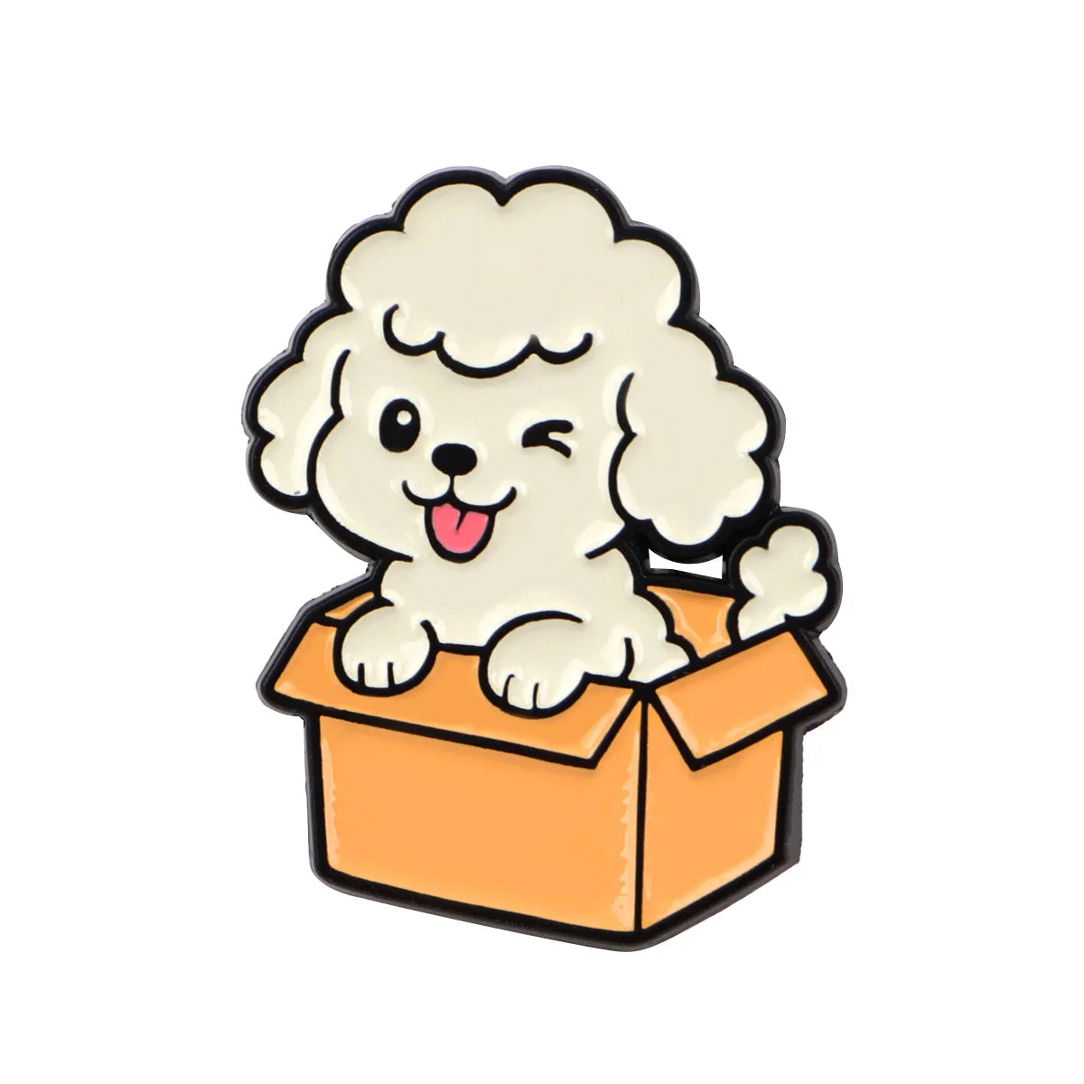 Enamel lapel pin with white poodle peeking from an orange open box