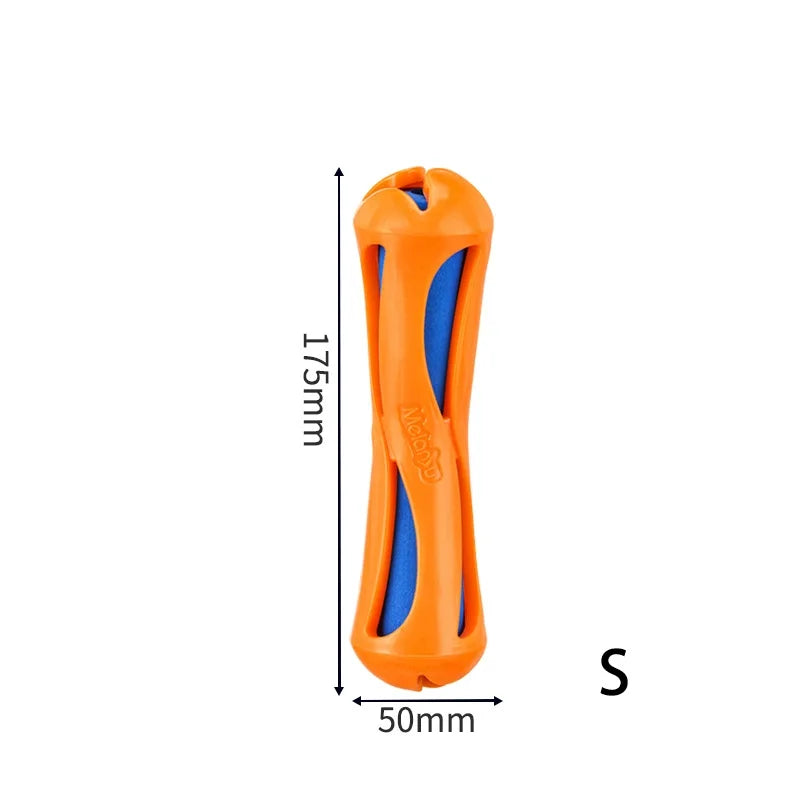 Orange S dog water float chew stick toy with blue interior accents, single view.