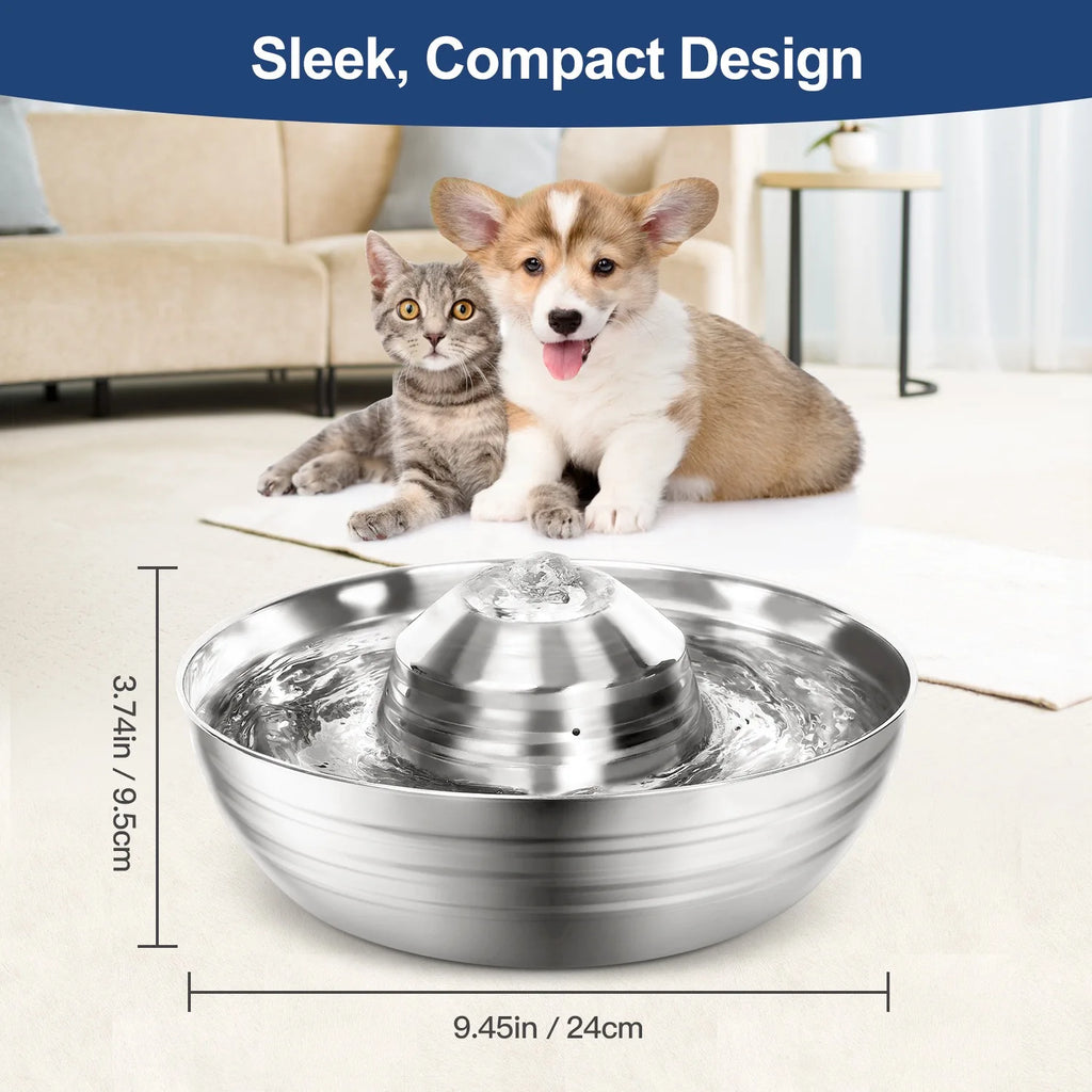 Pet fountain with two pets in the background, labeled 'Sleek, Compact Design'.