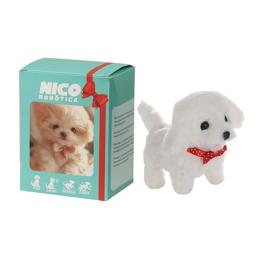 Interactive walking robot puppy plush, white with black eyes and red bandana