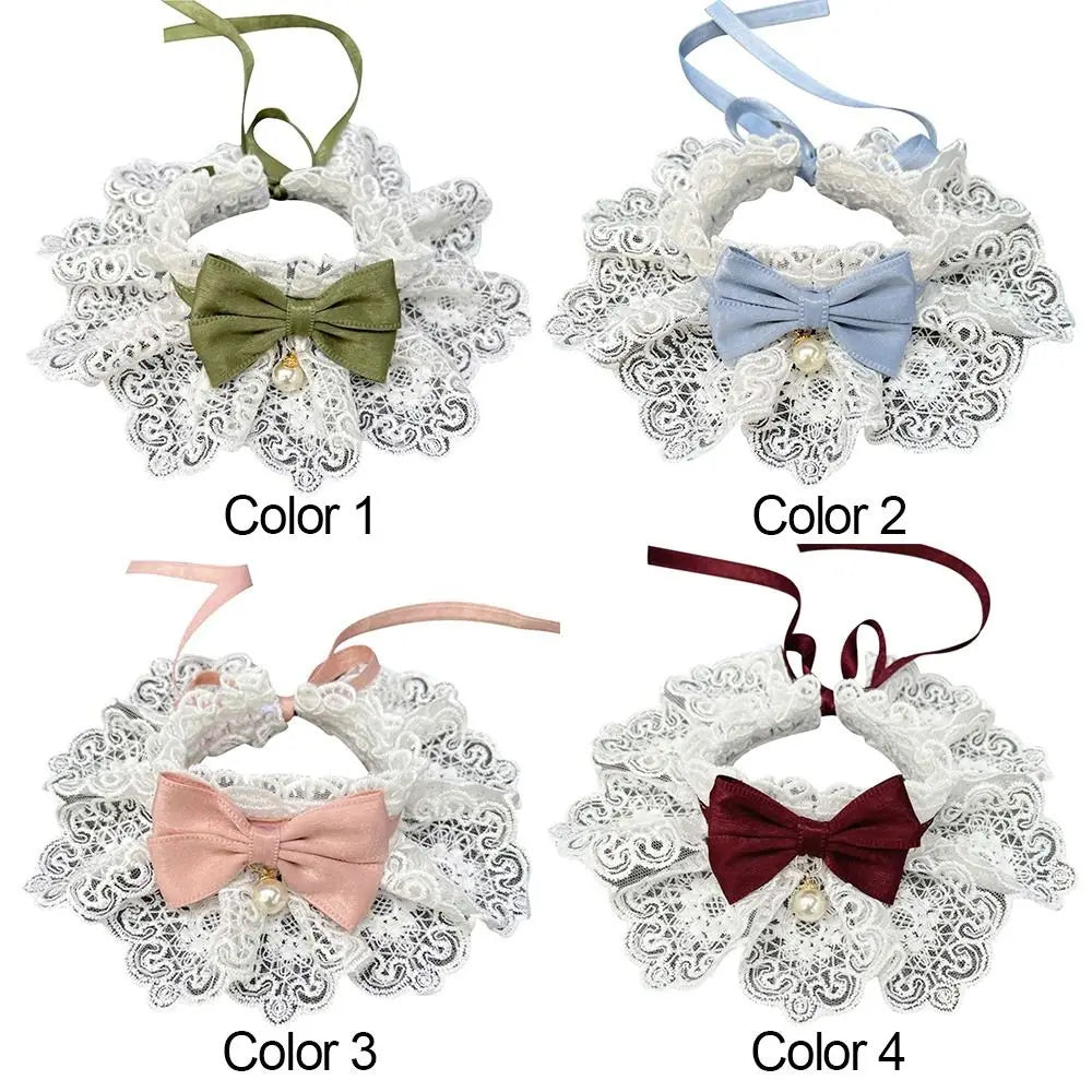 Lace bowknot scarf collars showing green, light blue, blush, and burgundy bows