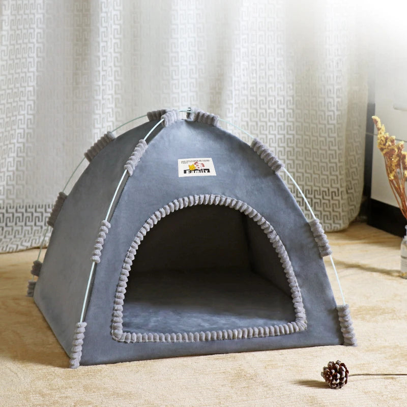 Grey cat tent house nest with rounded doorway and padded side supports