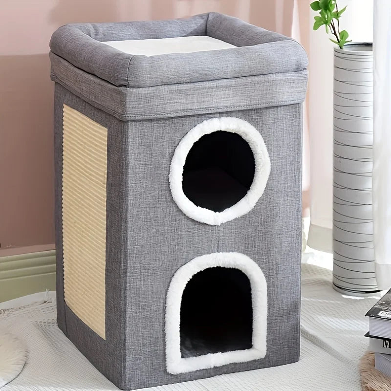 Grey cat bed nest cube with two plush-lined openings and lighter side panel