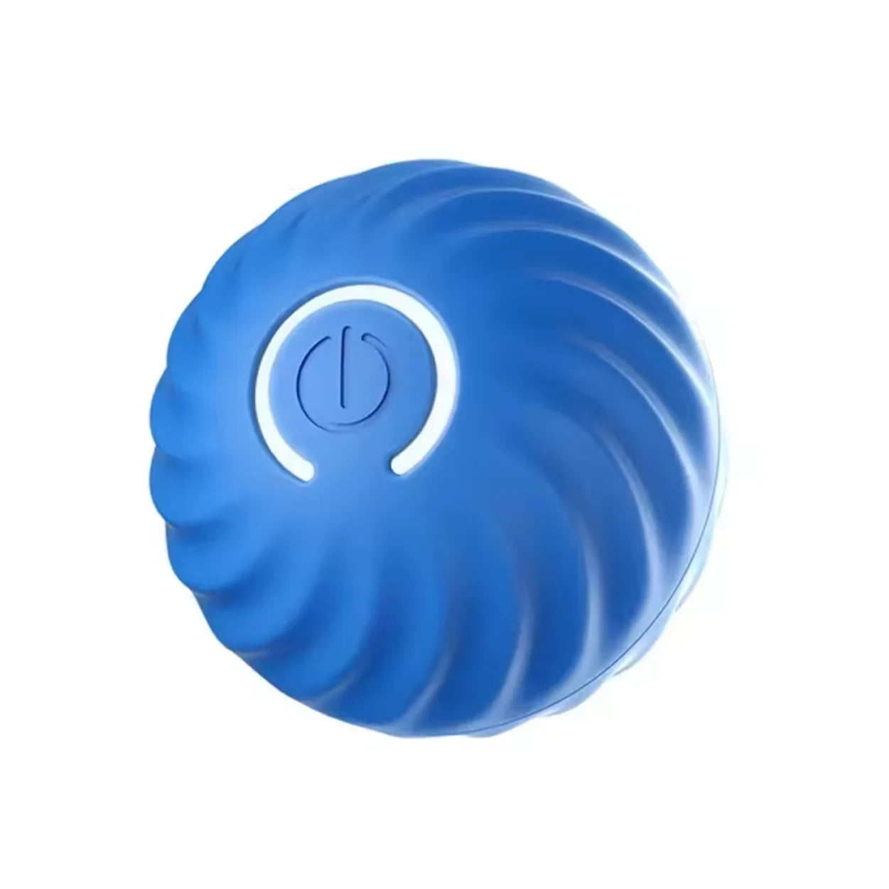 Blue ridged automatic cat toy ball with power button icon.