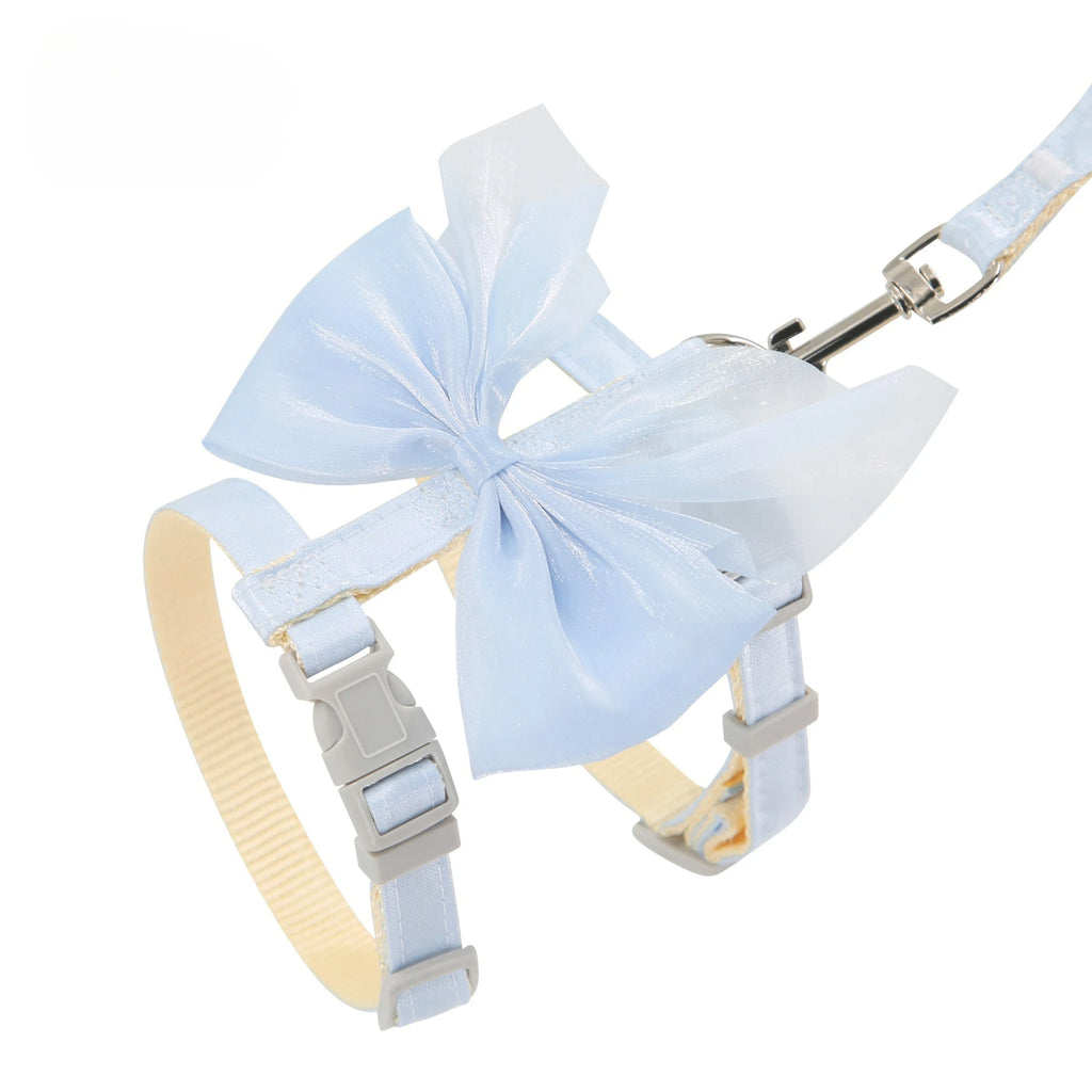 Blue cat harness and leash set with oversized tulle bow and padded buckle straps