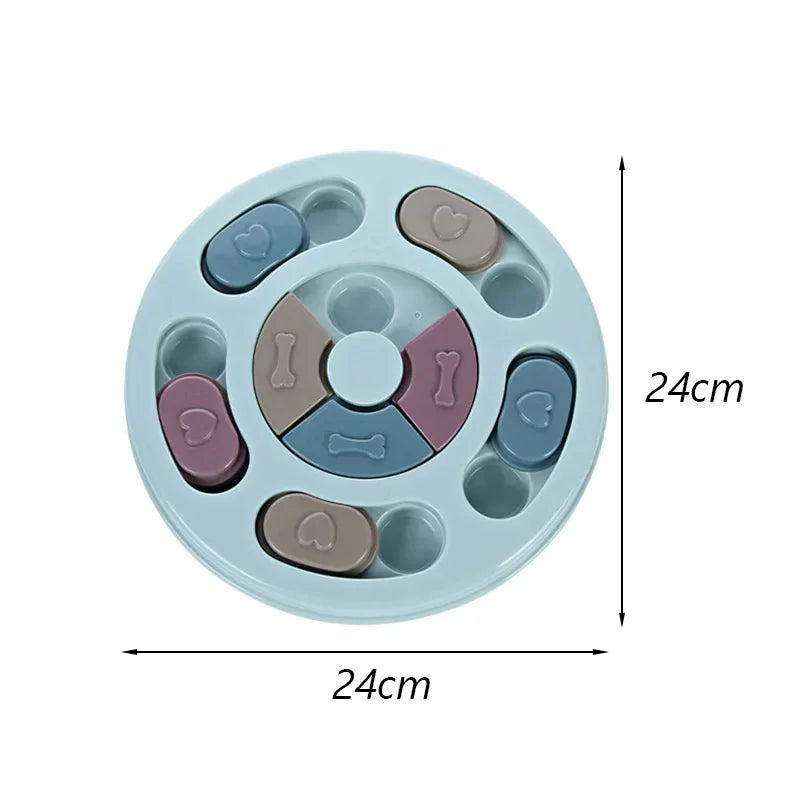 Blue round cat scratching toy with pastel paw and bone tokens in shaped wells