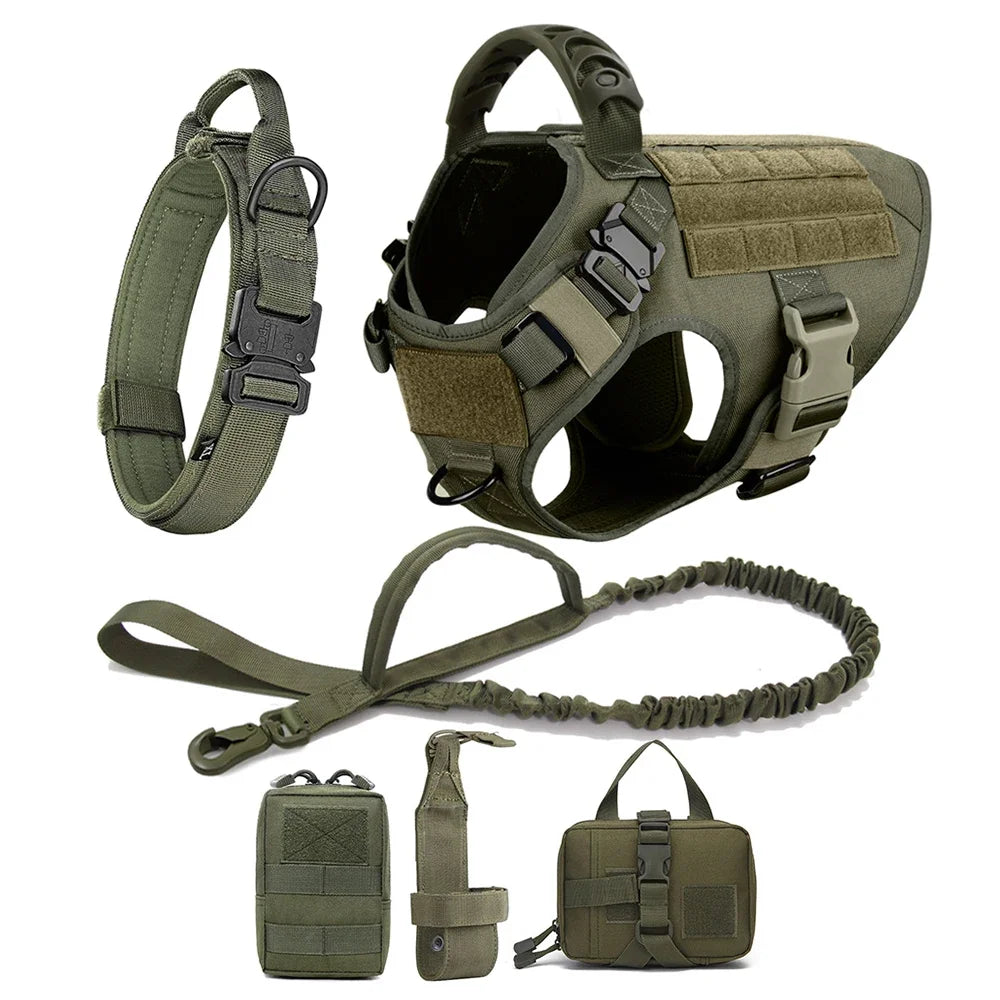 Dog harness vest set with leash, neck strap, and two pouches, olive green