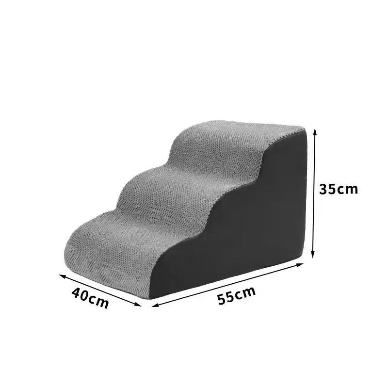Non-slip foam pet stairs ramp with gray steps and black base, size diagram view