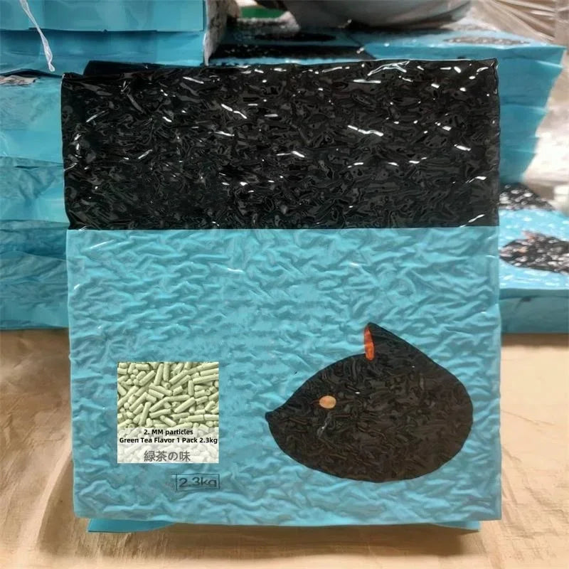 Cat litter bag set in black and blue with white granules and label