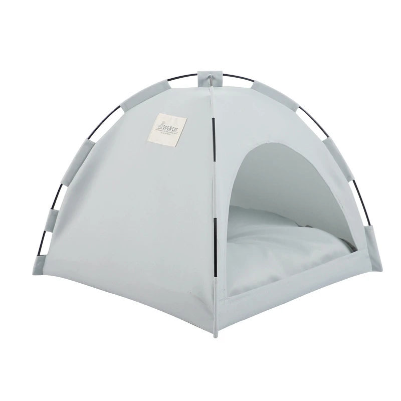 Bluish-gray foldable cat tent bed with arched front and removable cushion