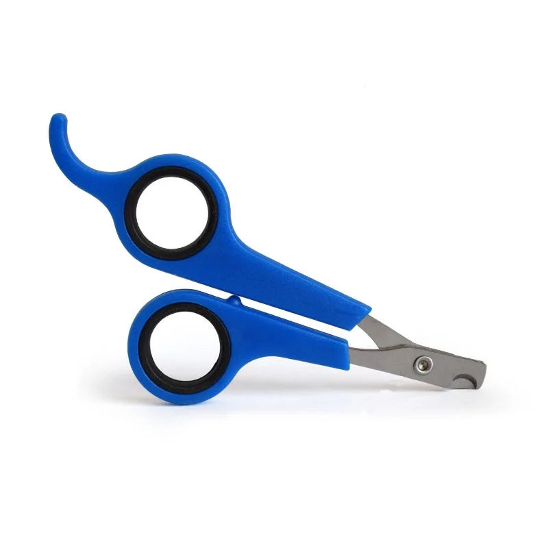 Blue pet nail clippers with black-edged loop grips and stainless cutting blades