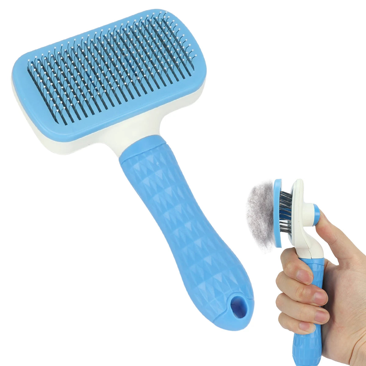 Blue pet fur deshedding comb brush with metal teeth and ergonomic handle