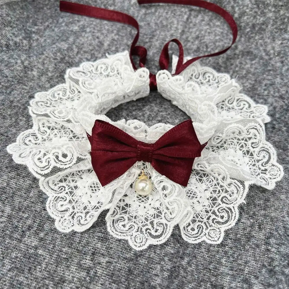White lace bowknot scarf collar with dark red bow and pearl center