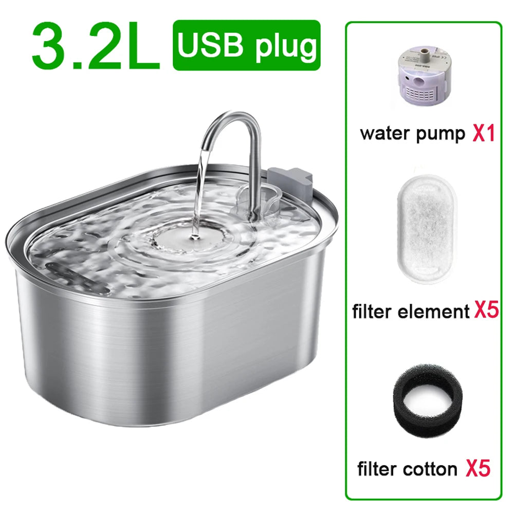 Stainless steel pet water fountain with central spout and included pump and filter elements