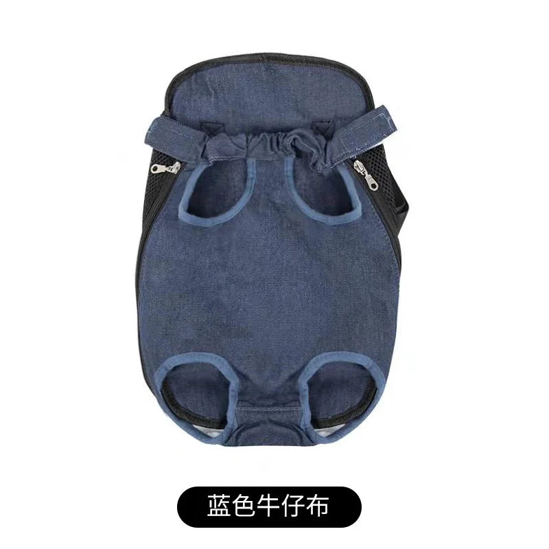 Breathable pet backpack with denim-blue fabric, padded top, two side ventilation openings
