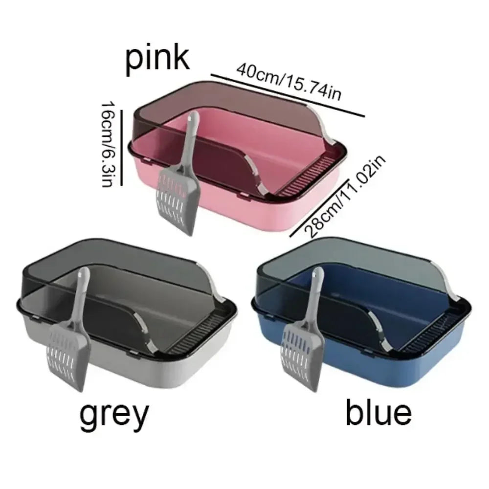 Semi-enclosed cat litter box set size view with pink, gray, and blue boxes