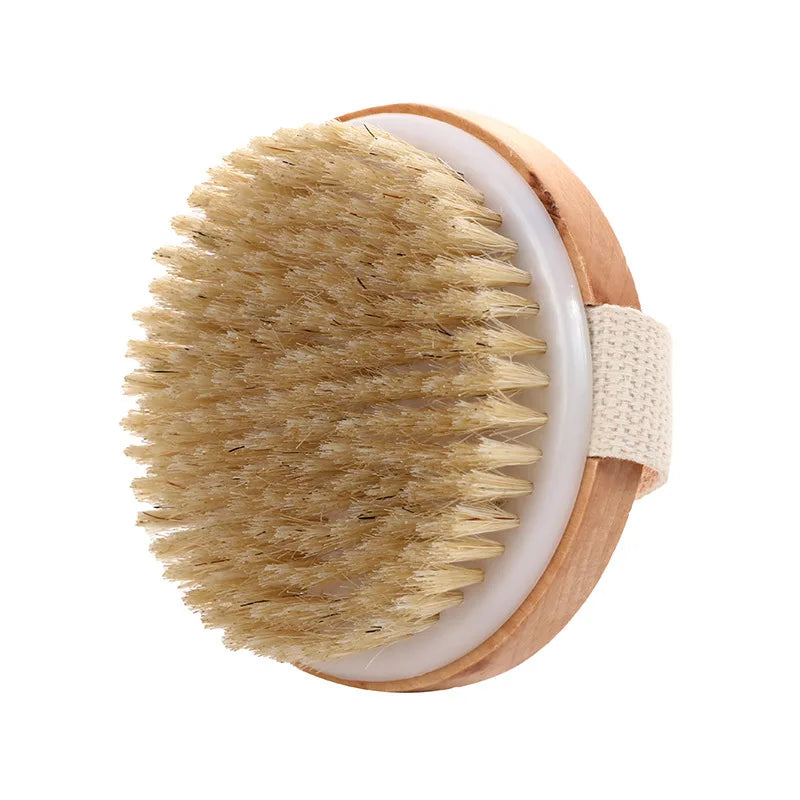 Round pet bath silicone massage brush with beige bristles, white base, light wood rim