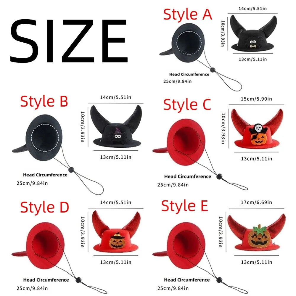 Size chart for Halloween horn pet hats; shows Style A–E with hat views.