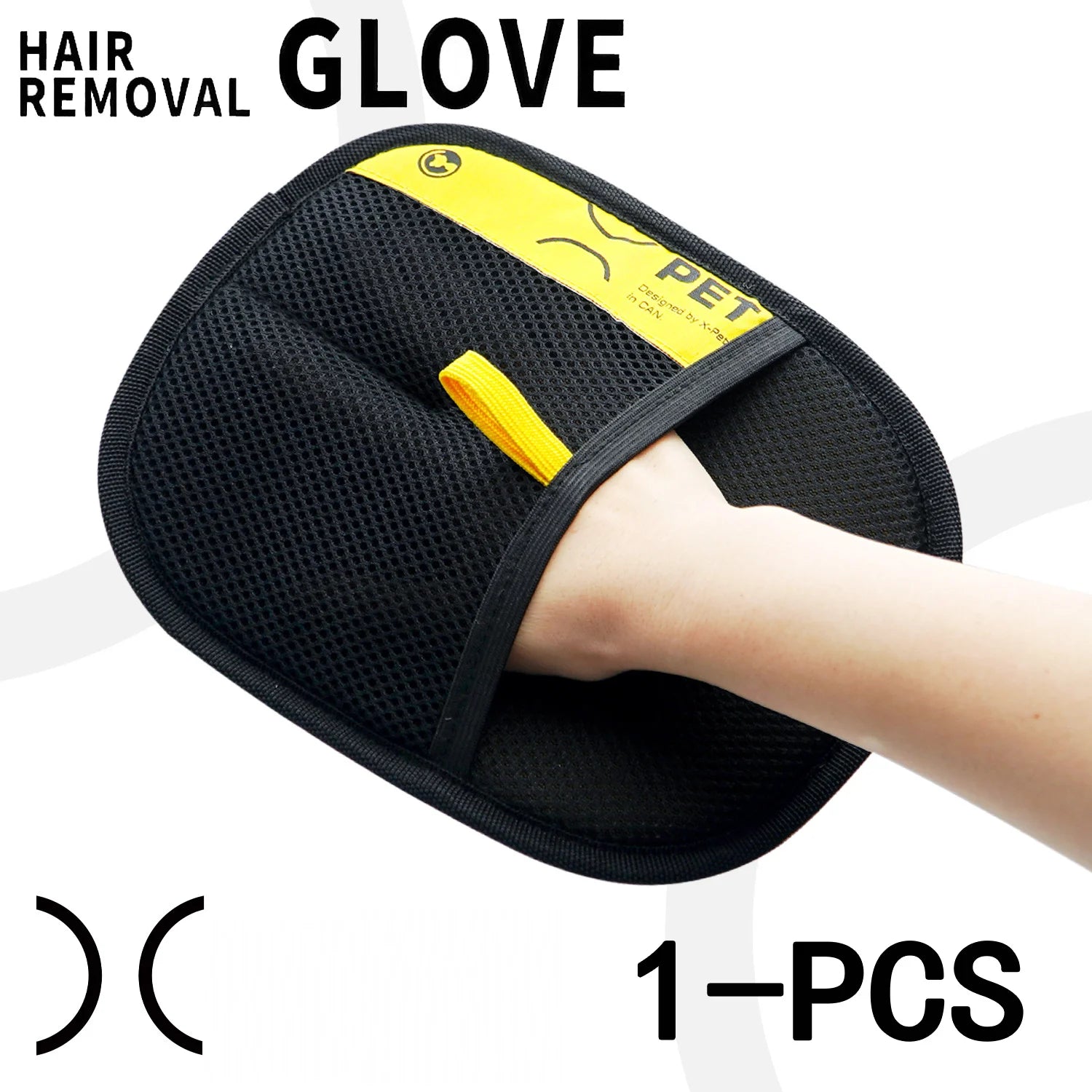 One electrostatic pet hair remover glove on hand, black mesh palm with yellow label