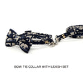 Bow tie collar with leash set, dark blue and cream patterned fabric and metal clip