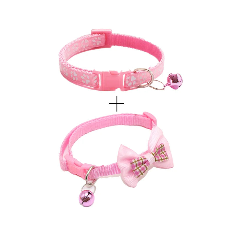 Pink cat collar with plaid bow and round bell charm