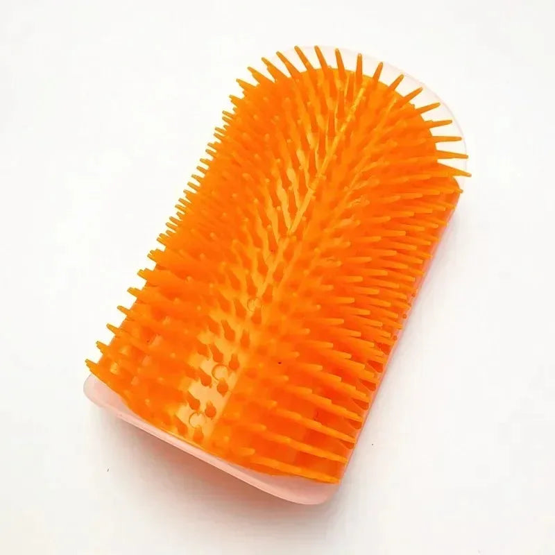 Orange cat corner wall scratcher with curved spiked bristles and padded base