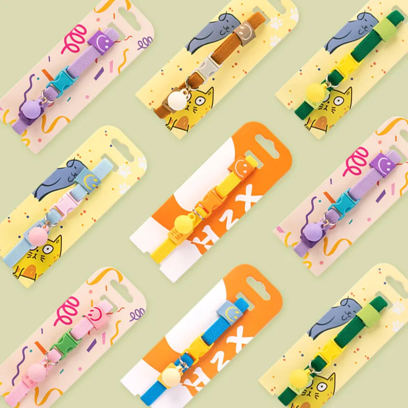 Set of elastic cat collars with printed patterns and small bell charms