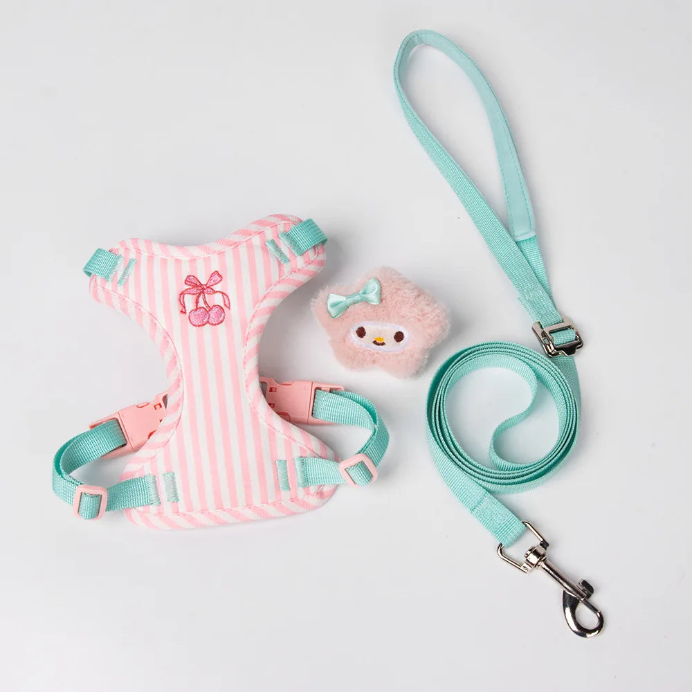 Dog harness and leash set with plush toy, pink striped fabric and teal straps
