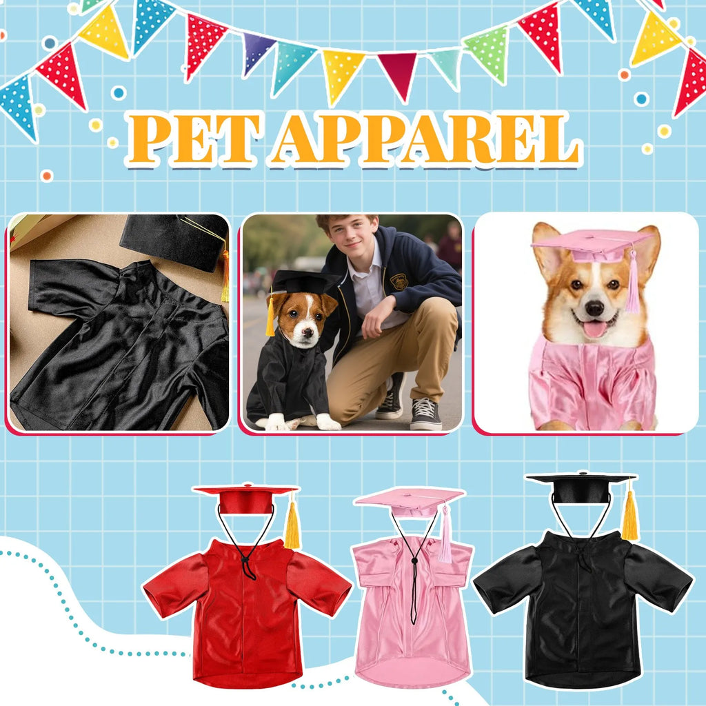 Pet graduation costume set for cats and dogs, red black pink with hats and tassels