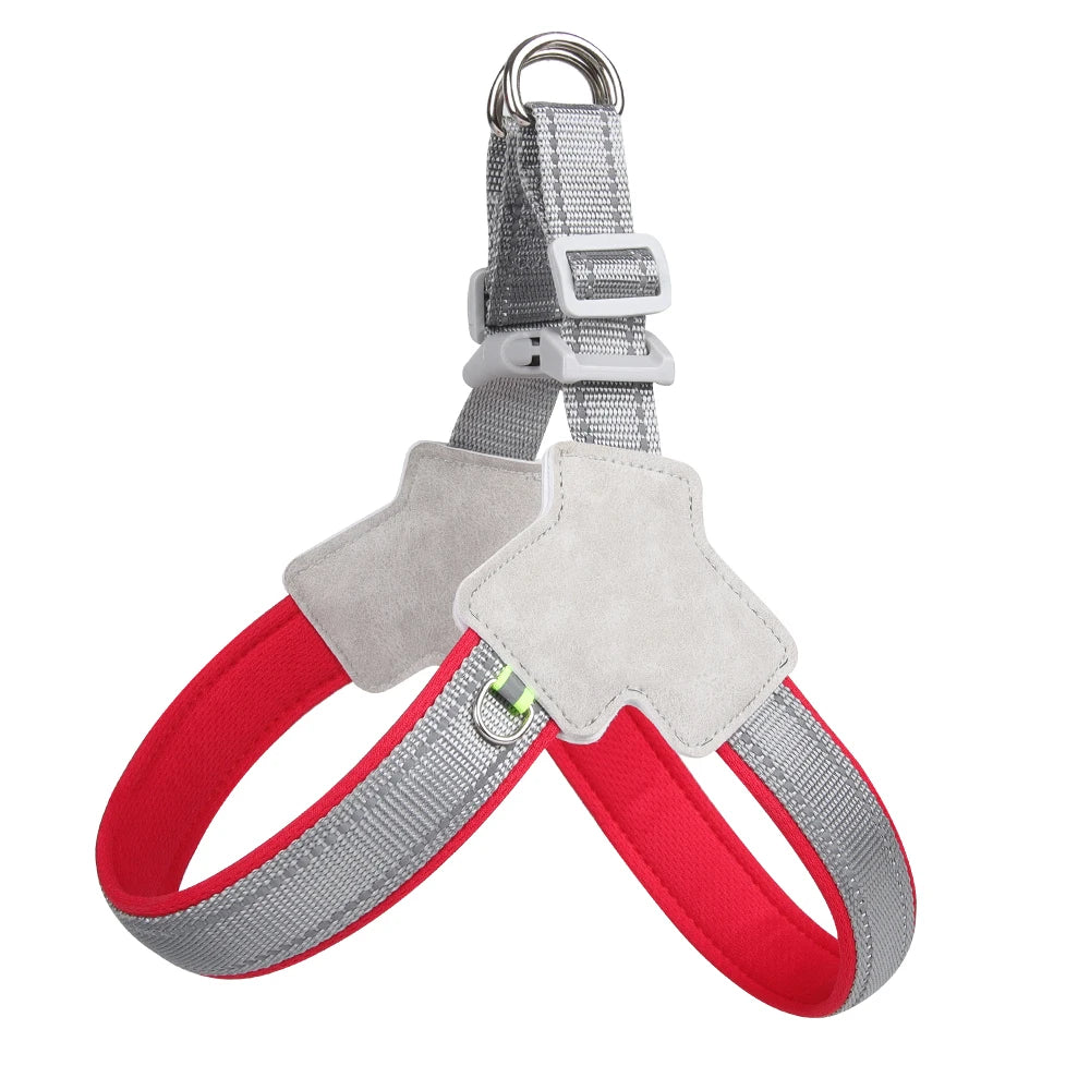 Red no-pull padded dog harness with gray suede chest pad and reflective gray straps