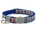 Blue floral cat collar with bell, adjustable strap and round gray clasp detail